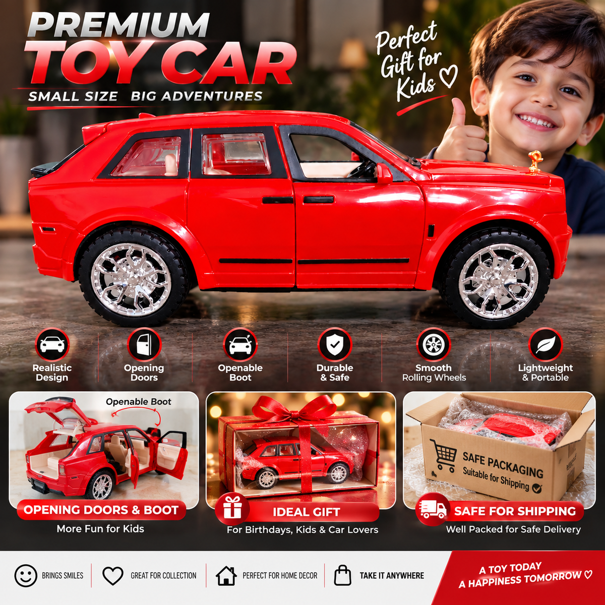 Red Die-Cast Toy Car for Kids & Showpiece | Openable Doors & Rear Dicky