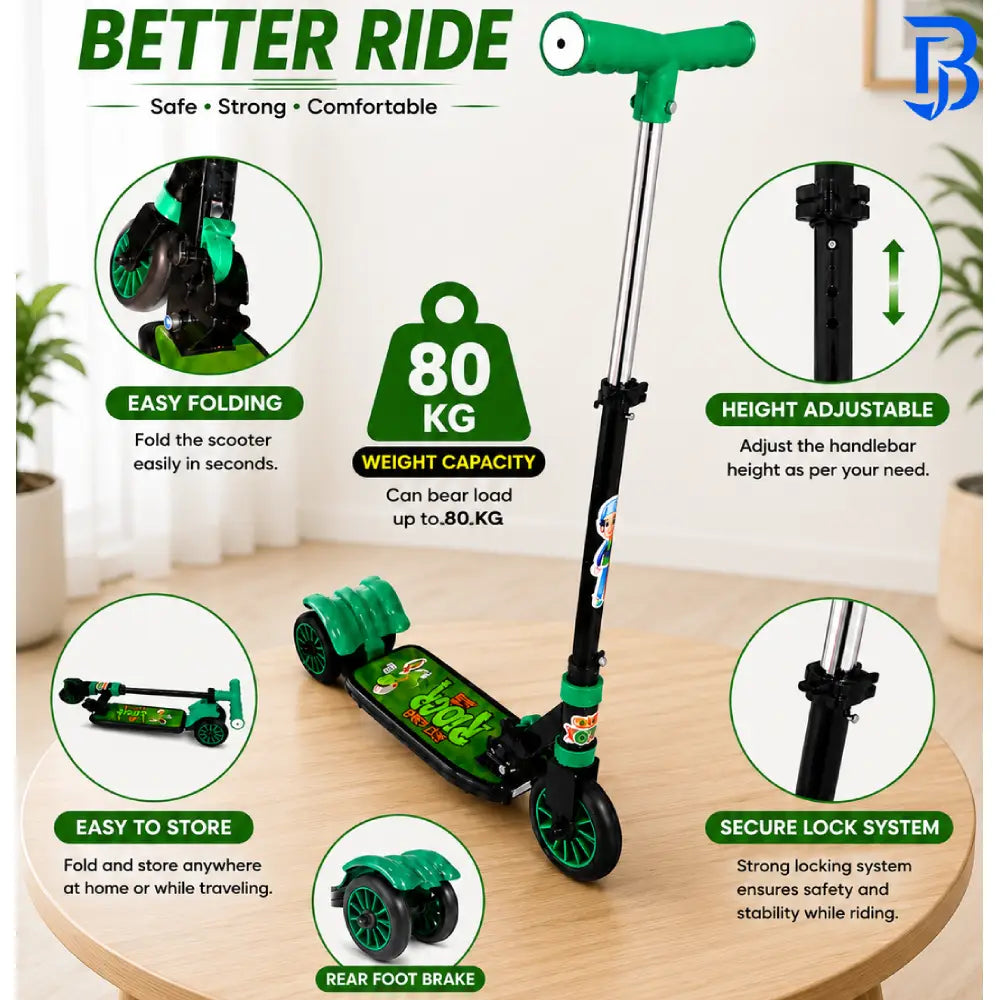Best Kids Foldable Kick Scooter Green/Black | Safe Rear Brake | Age 4-10 Years