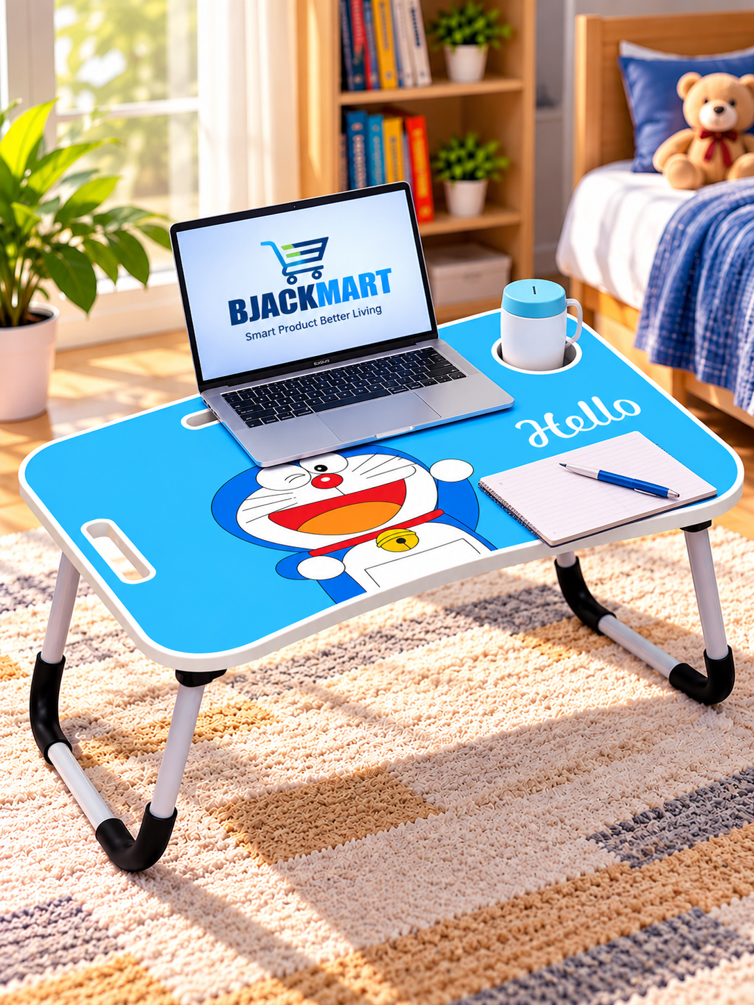 Foldable Kids Study Table with Cup Holder, Tablet Stand & Carry Handle – Blue Cartoon Design