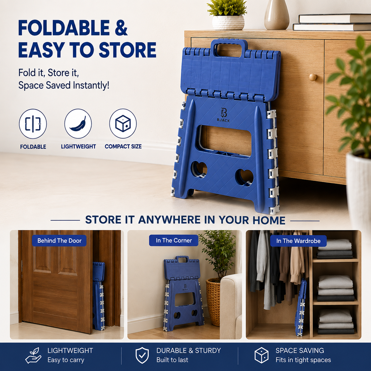 Blue Foldable Plastic Step Stool 12 Inch | Portable Folding Stool Chair for Adults
