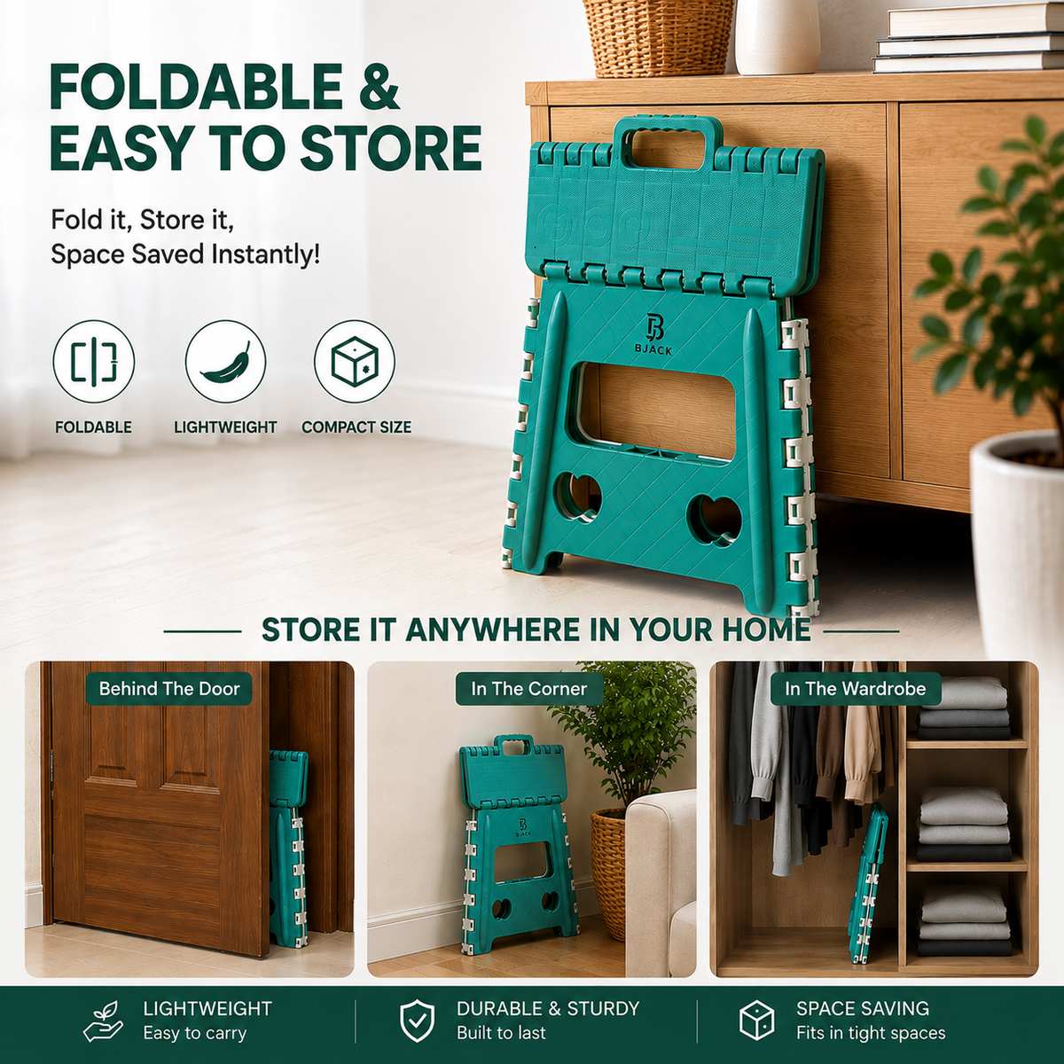 Green Foldable Plastic Step Stool 12 Inch | Portable Folding Stool Chair for Adults
