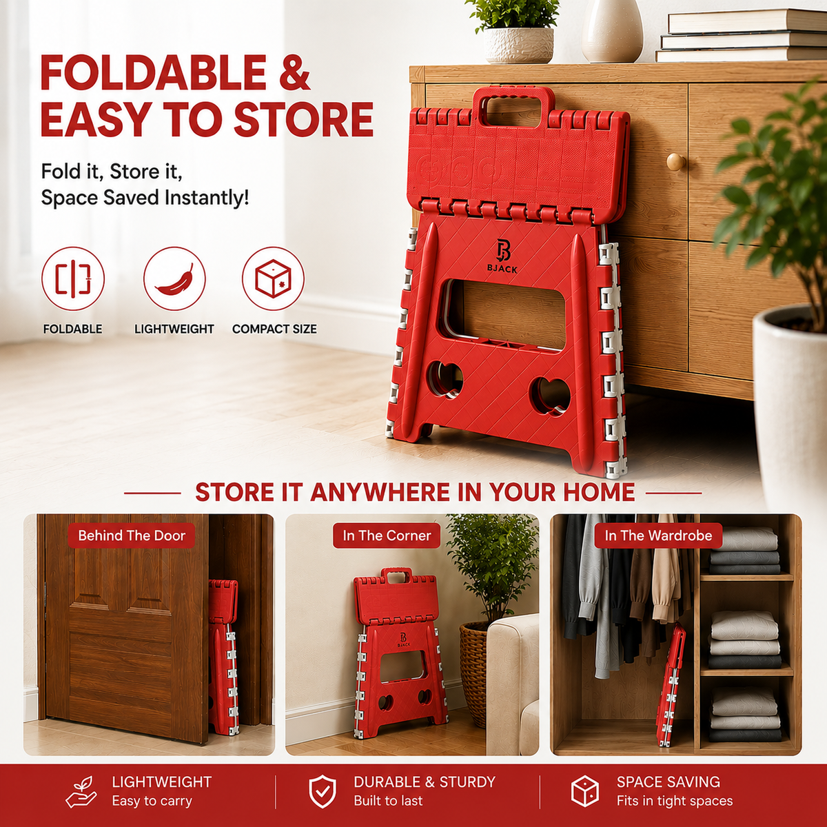 12 Inch Red Folding Step Stool | Lightweight Foldable Plastic Stool for Home Use