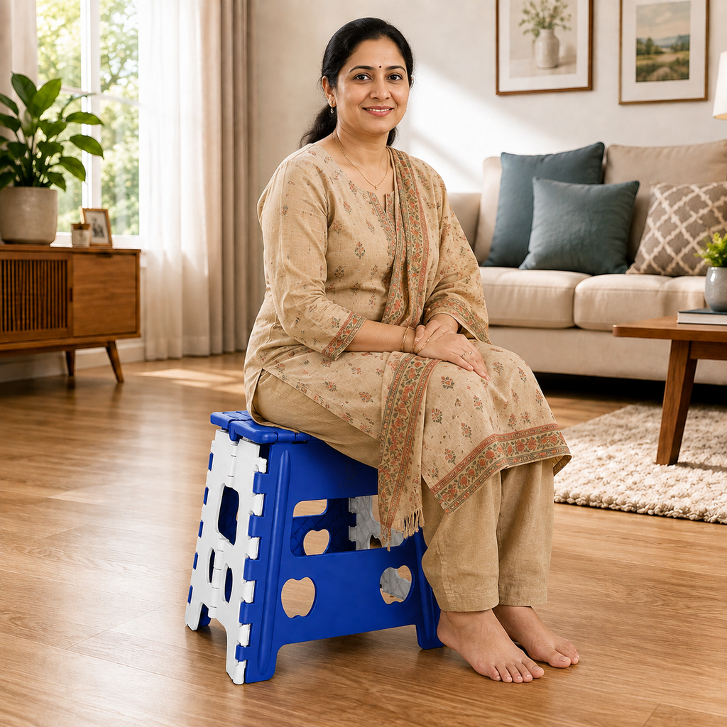 Blue Foldable Plastic Step Stool 12 Inch | Portable Folding Stool Chair for Adults