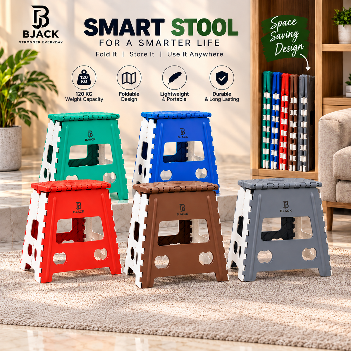 BJACK 5 PCS Folding Stool Combo | 120 KG Capacity | Foldable, Lightweight & Portable Stool Set for Home, Office & Outdoor