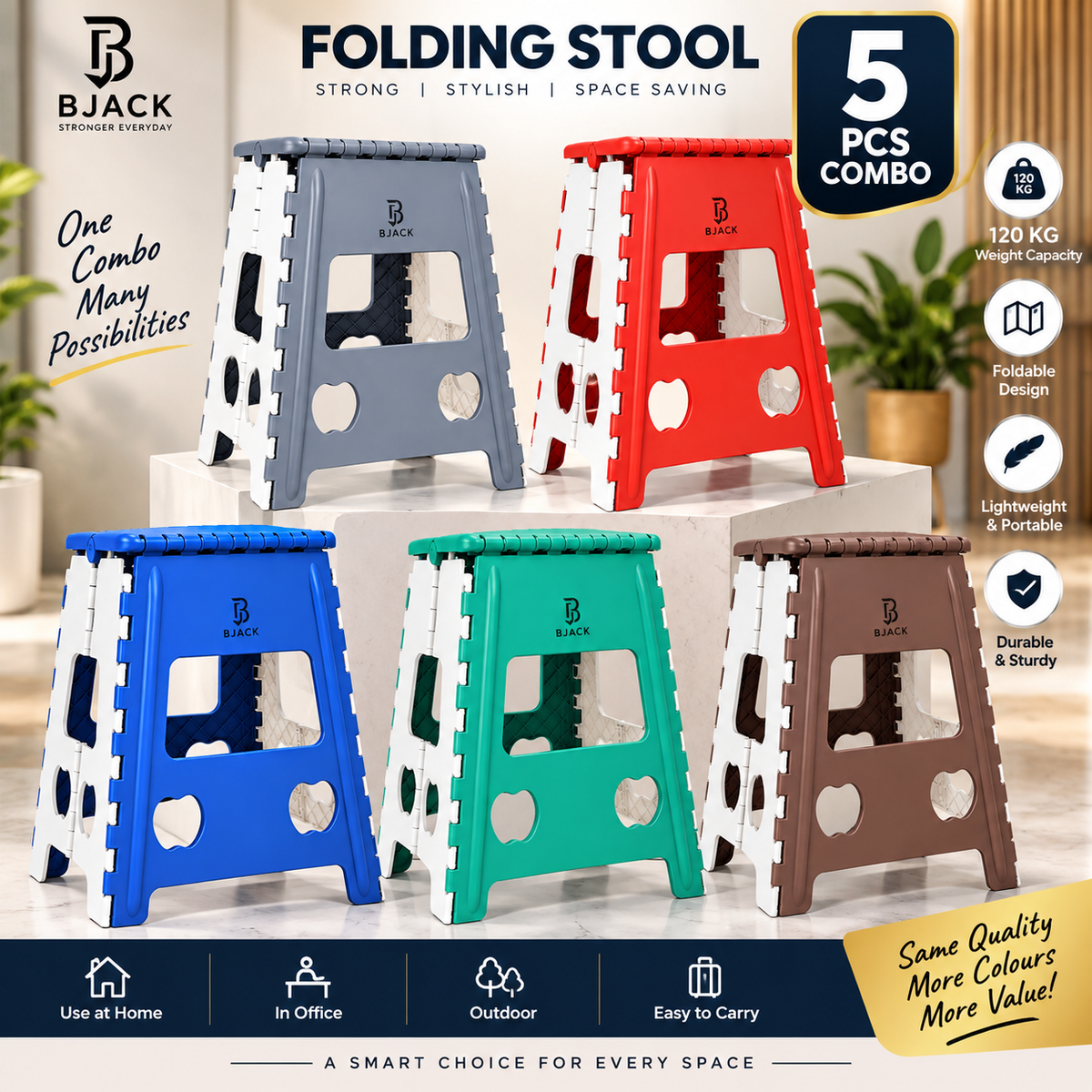 BJACK 5 PCS Folding Stool Combo | 120 KG Capacity | Foldable, Lightweight & Portable Stool Set for Home, Office & Outdoor