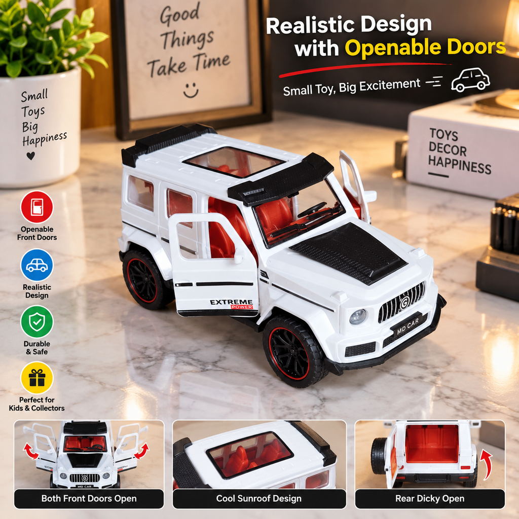 White G-Wagon Die-Cast Toy Car for Kids & Showpiece | Openable Doors | Premium SUV Design