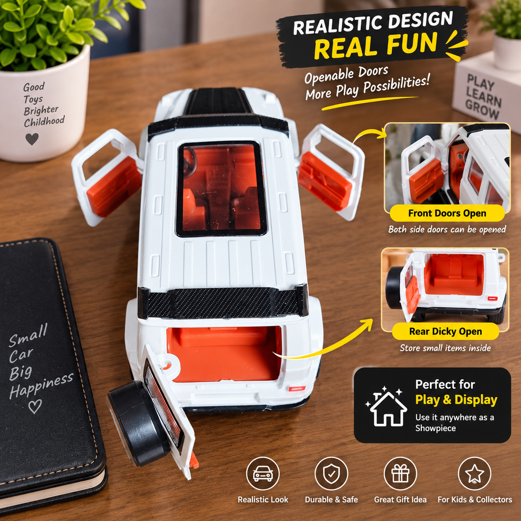 White G-Wagon Die-Cast Toy Car for Kids & Showpiece | Openable Doors | Premium SUV Design
