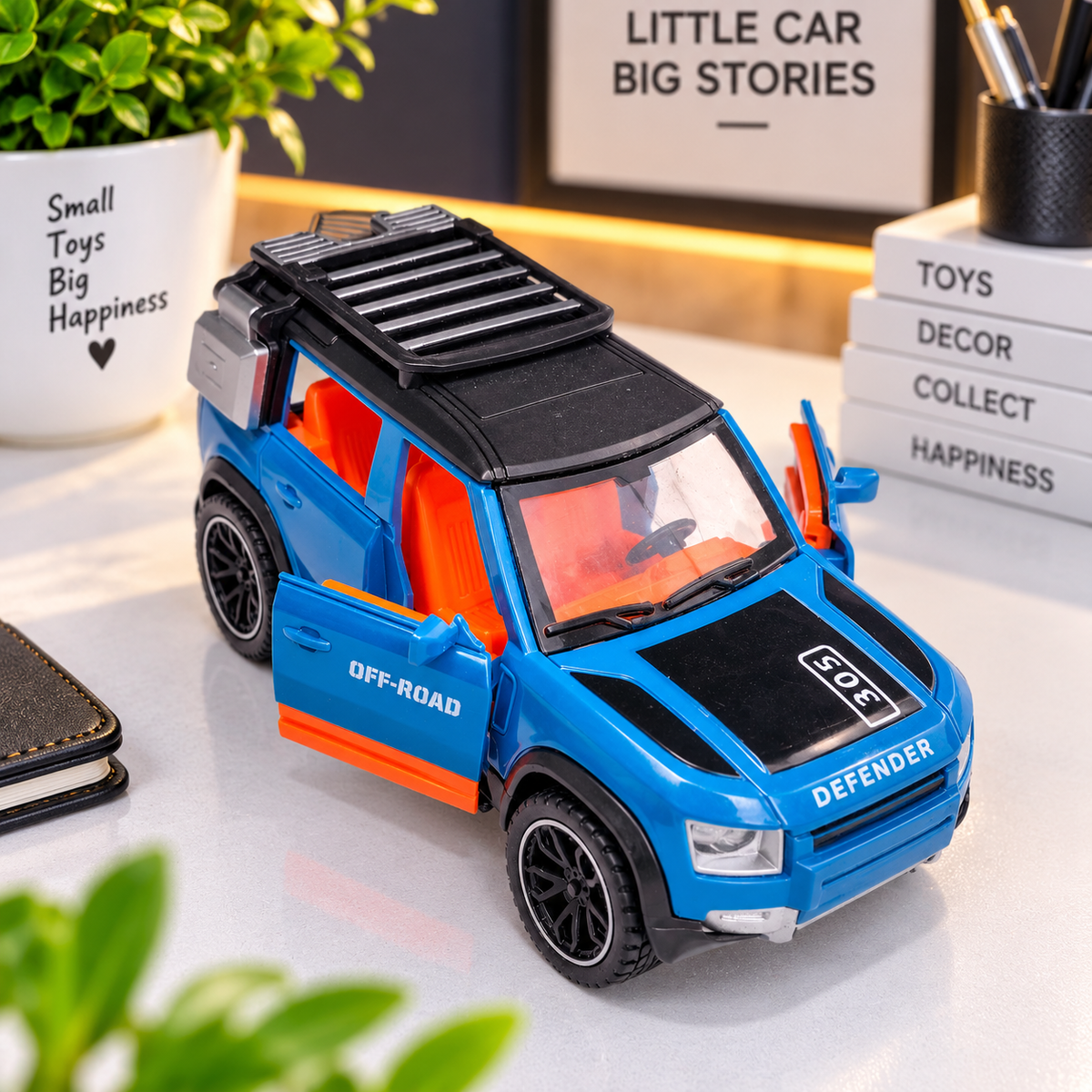 Blue Defender Die-Cast Toy Car for Kids & Showpiece | Openable Doors & Off-Road SUV Design