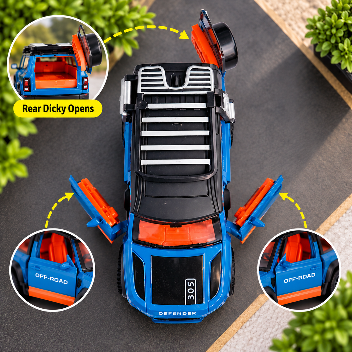 Blue Defender Die-Cast Toy Car for Kids & Showpiece | Openable Doors & Off-Road SUV Design