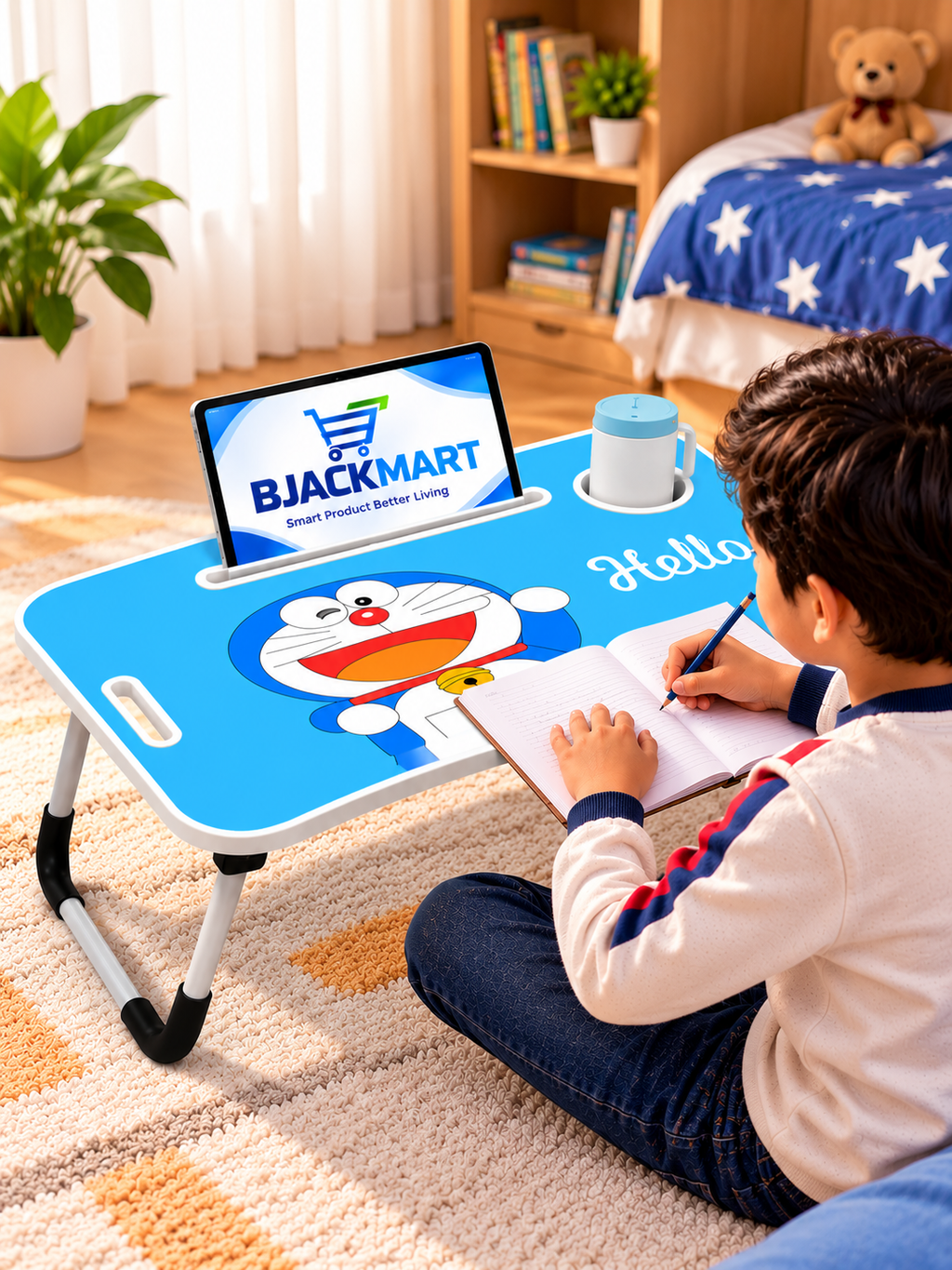 Foldable Kids Study Table with Cup Holder, Tablet Stand & Carry Handle – Blue Cartoon Design