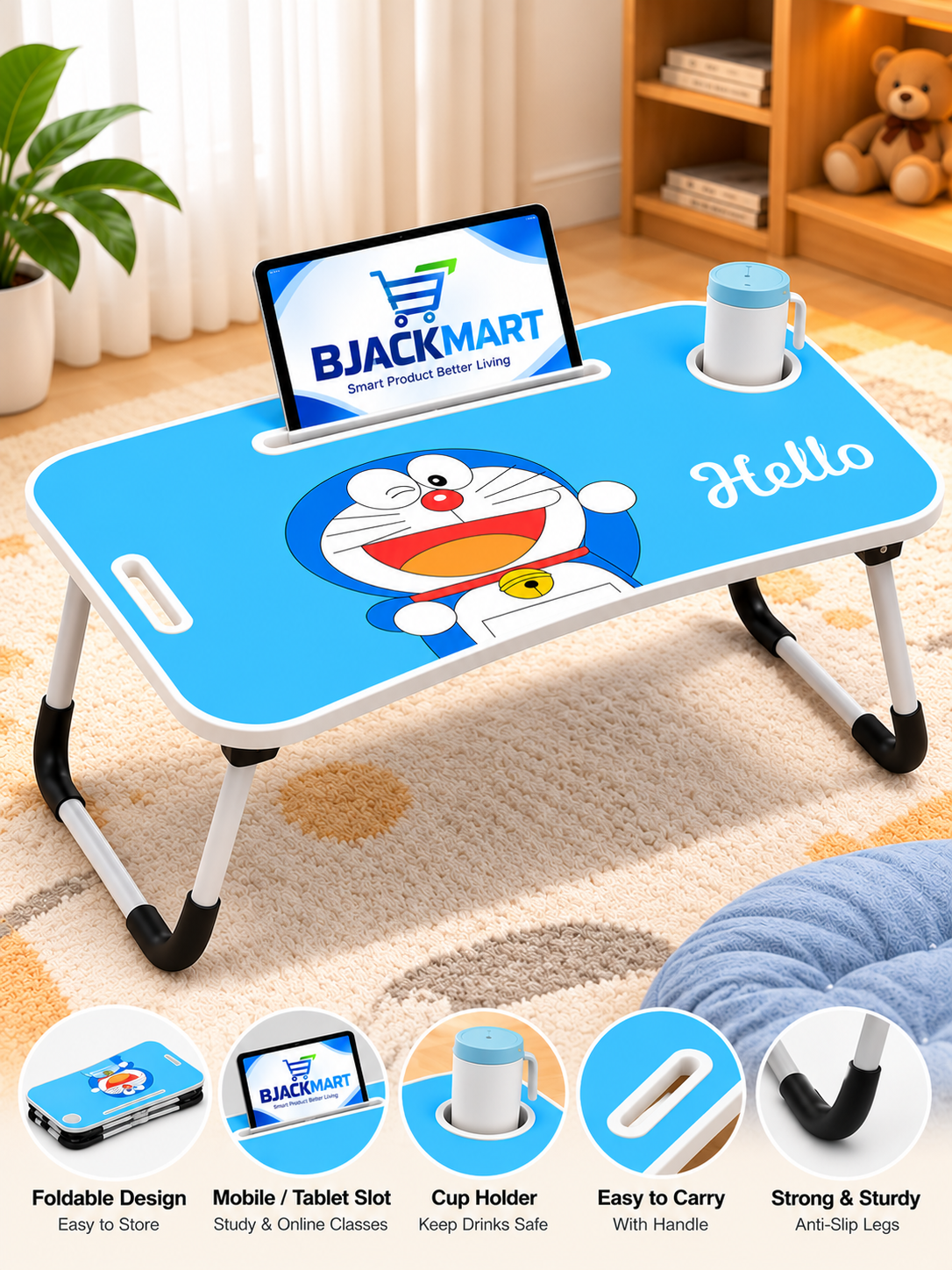 Foldable Kids Study Table with Cup Holder, Tablet Stand & Carry Handle – Blue Cartoon Design