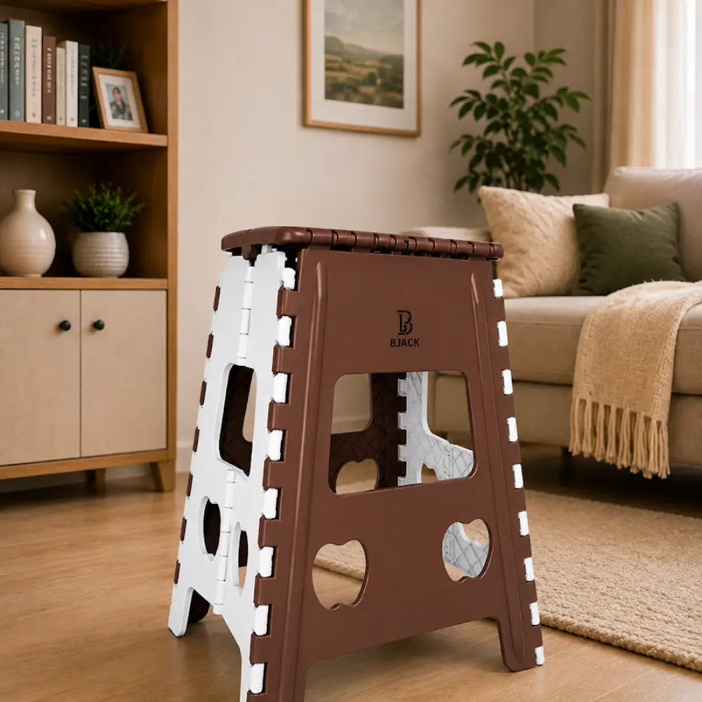 Heavy Duty Brown Foldable Step Stool 18 Inch | Space-Saving Plastic Stool Chair