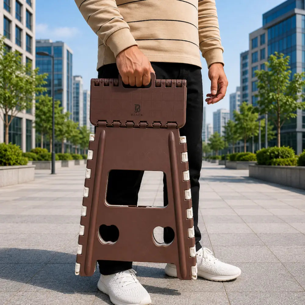 Heavy Duty Brown Foldable Step Stool 18 Inch | Space-Saving Plastic Stool Chair  