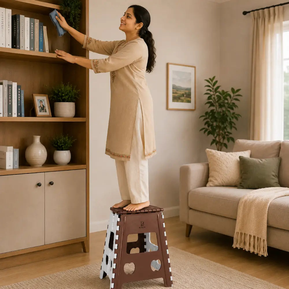 Heavy Duty Brown Foldable Step Stool 18 Inch | Space-Saving Plastic Stool Chair