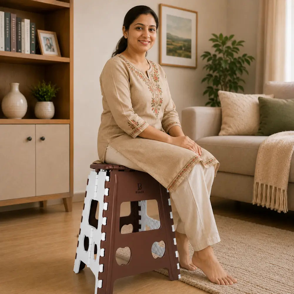 Heavy Duty Brown Foldable Step Stool 18 Inch | Space-Saving Plastic Stool Chair