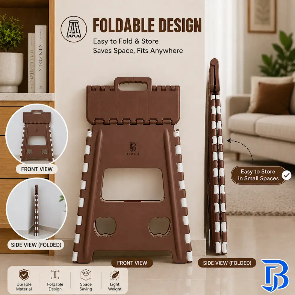Heavy Duty Brown Foldable Step Stool 18 Inch | Space-Saving Plastic Stool Chair