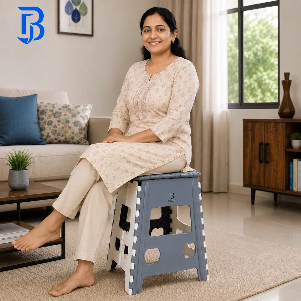 Heavy Duty Grey Foldable Step Stool 18 Inch | Space-Saving Plastic Stool Chair