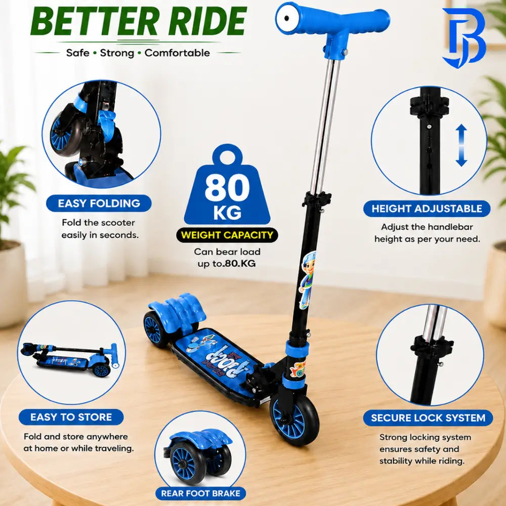 Runner Kids Foldable Kick Scooter Blue/Black | Adjustable Height | Age 4-10 Years 