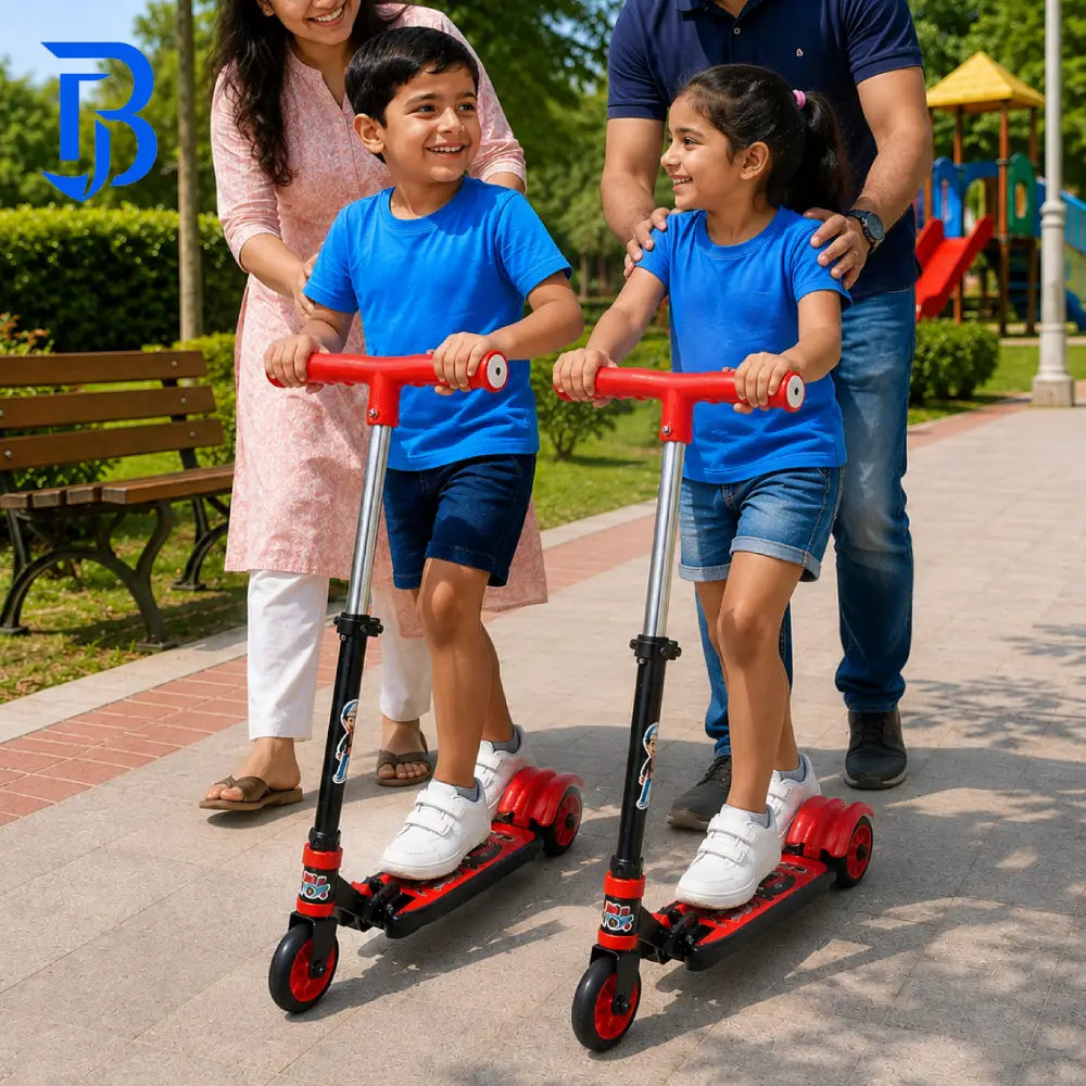 Two children riding red and black kick scooters on a paved path in a park, with adults standing behind them to assist. The scooters have silver metal handles and forks with red grips and wheels, and the brand name 'BikeBop' is visible on the deck.