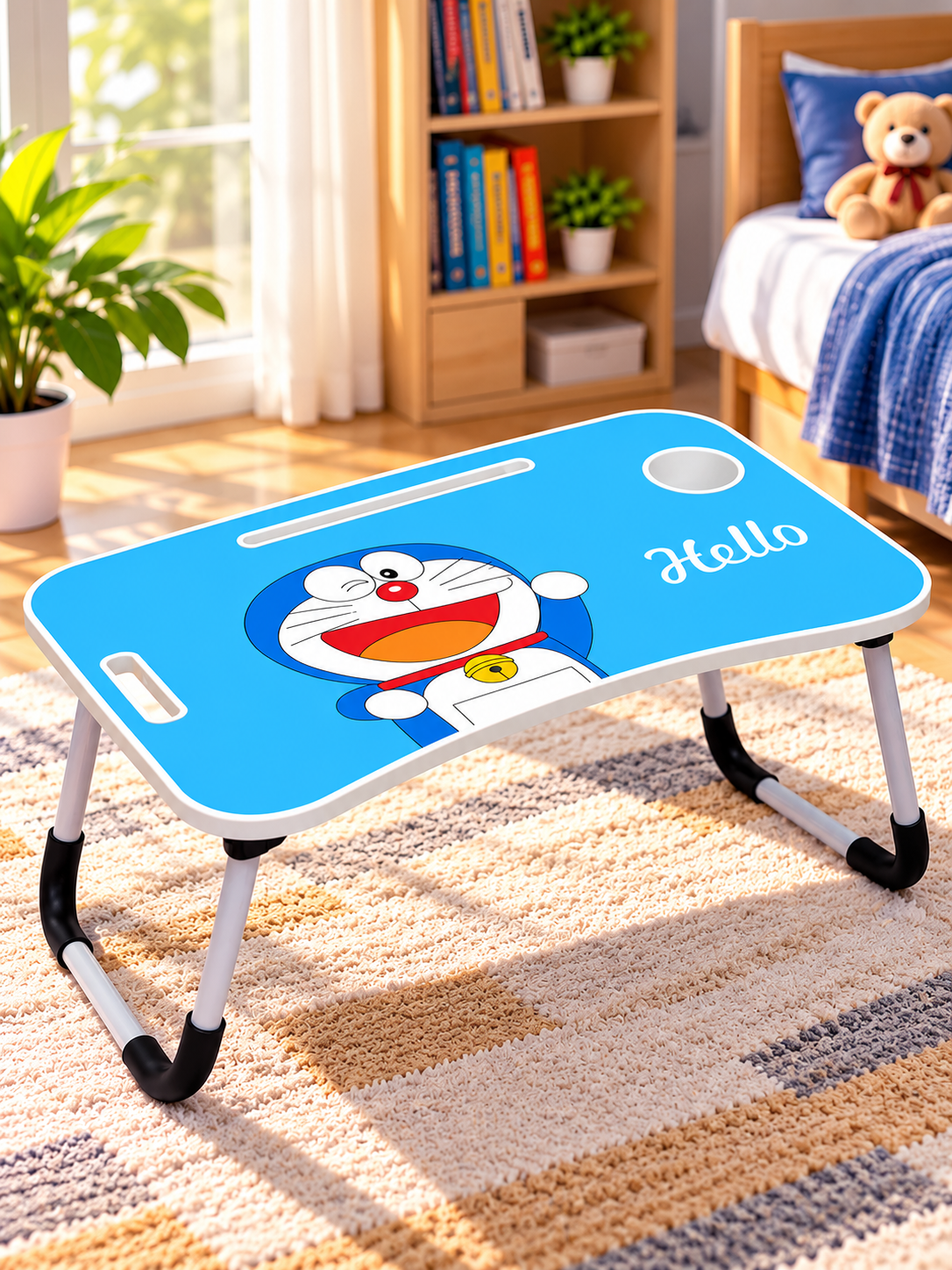 Foldable Kids Study Table with Cup Holder, Tablet Stand & Carry Handle – Blue Cartoon Design